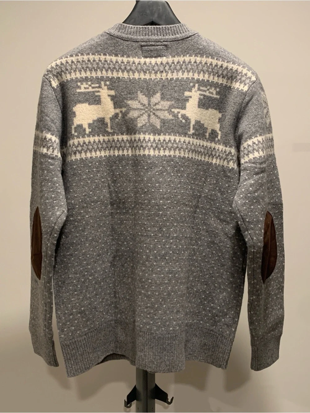 BEAMS Men's Gray Fair Isle Reindeer Crewneck Sweater